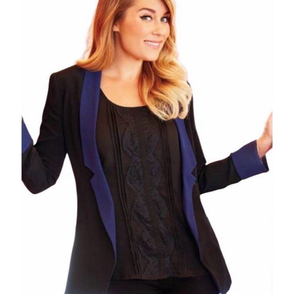 LC Lauren Conrad Black open front blazer with royal blue lapel size 2